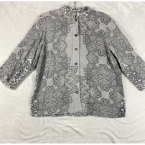Citron‎ Santa Monica 100% Silk Shirt Sz M Petite Gray Whimsical Mandarin Collar